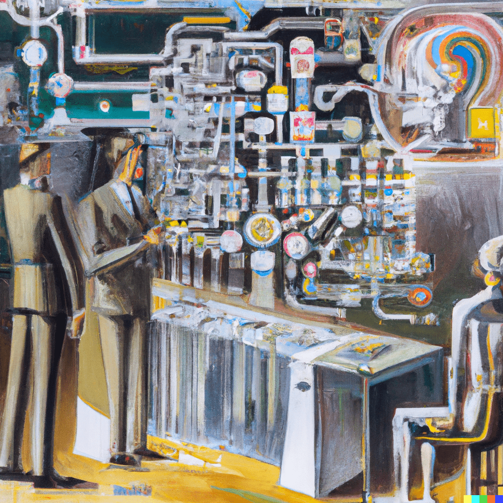 "Les illustres" est une image générée par la requête "a painting of the evolution of artificial intelligence from the 1956 Dartmouth Summer Research Project on Artificial Intelligence until today" DALL-E le 2022-12-29